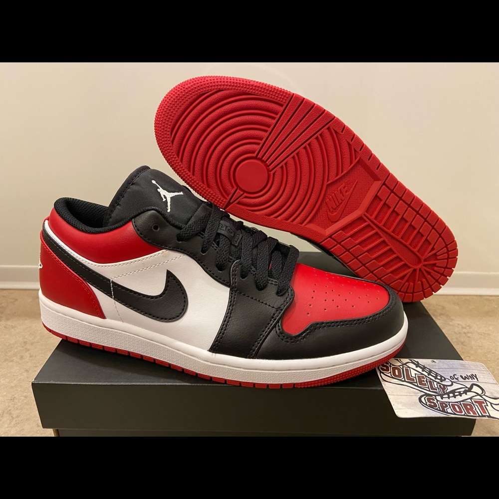 NEW Nike Air Jordan 1 Retro Low Bred Toe Red Black White Banned Chicago Mens GS - Picture 4 of 11